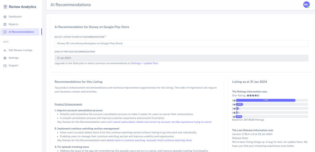 Image of the top half of an example AI Recommendations page